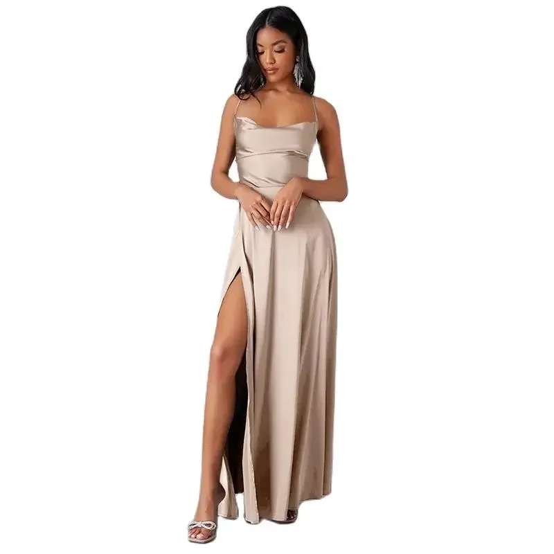 Women Backless Straps Dresses Sexy Off The Shoulder Slim Fit Dress High Waist Split Hem Long Gown Female Party Suspenders Frock