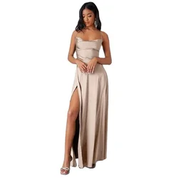 Women Backless Straps Dresses Sexy Off The Shoulder Slim Fit Dress High Waist Split Hem Long Gown Female Party Suspenders Frock