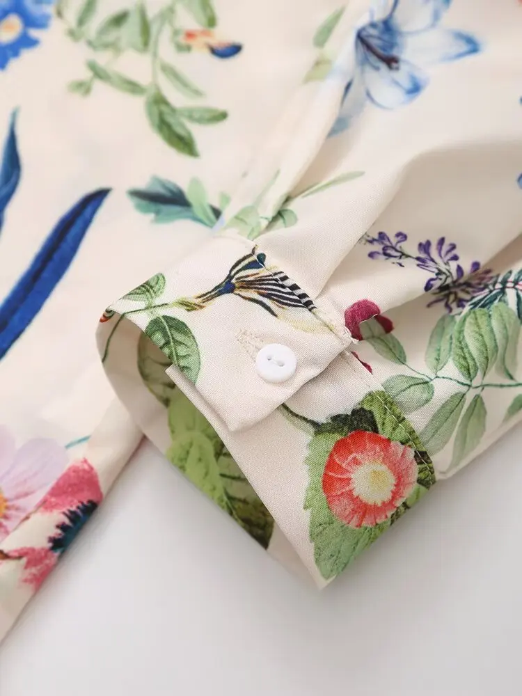 Maxdutti French Countryside Style Floral Print Long Sleeved Shirt Women Minimalist Spring And Summer Casual Shirt Blouse Tops