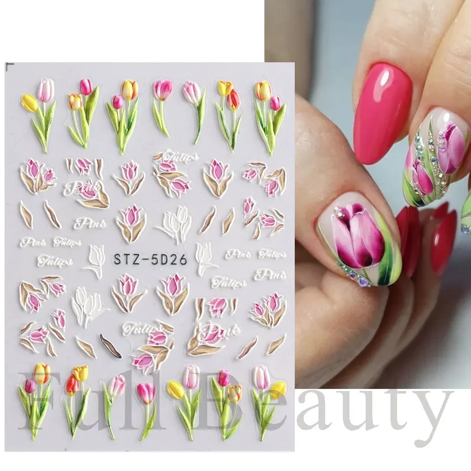 5D Tulips Spring Nail Stickers Engraved Floral Green Leaf Decals Summer Sliders Nail Art Decortion LASTZ-5D26