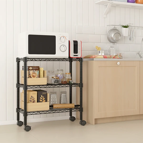 3 Tier Rolling Storage Rack Metal Utility Shelving Unit with Wheels Mobile Organizer Shelf Plastic Coated Iron Frame Freestanding Storage Cart for Kitchen Bathroom Laundry Room Office Home 350x600x850mm Black
