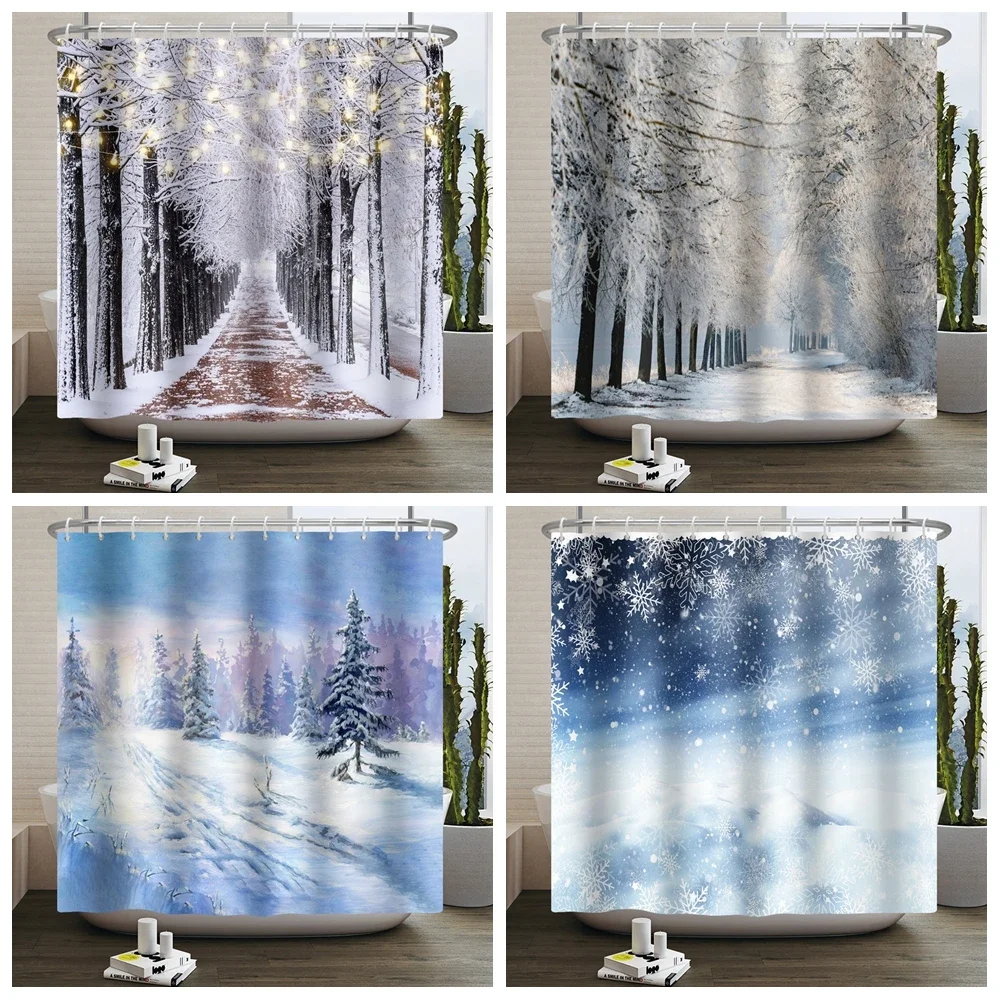 Winter Christmas Shower Curtains Natural Forest Snow Landscape Home Bathroom Curtain Waterproof Washable Bathtub Screen Decor