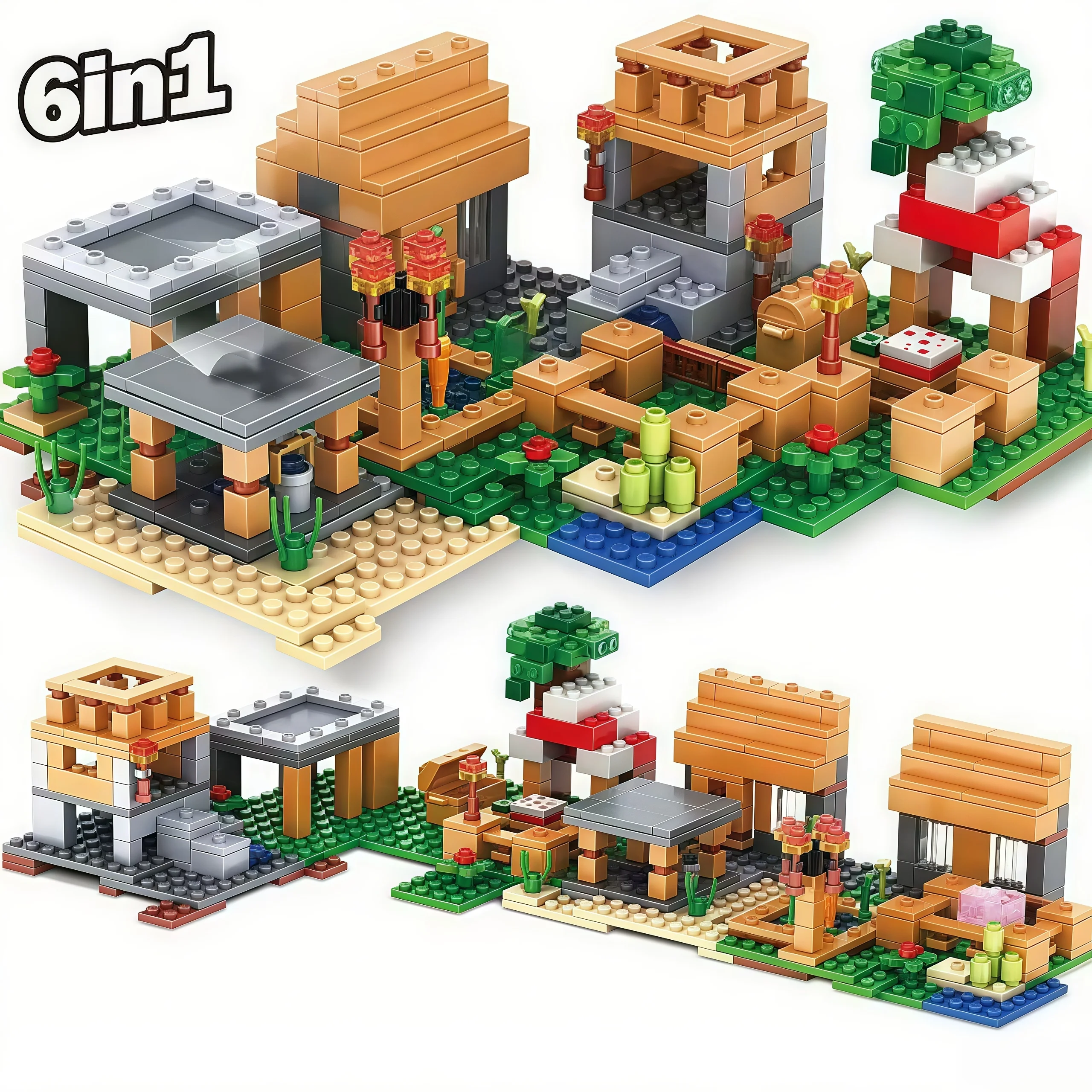 Luxuriöses 6-in-1 großes Dorfstapelblock-Set mit Baumhaus |   Premium-Design |   Geschenk und Sammlung