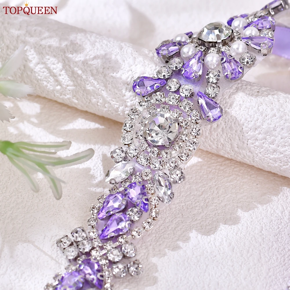 TOPQUEEN Lavender Rhinestone Crystal Bridal Belt, Fashion Floral Waist Sash, Wedding Dress Belt, Prom Party Accessory - view 3