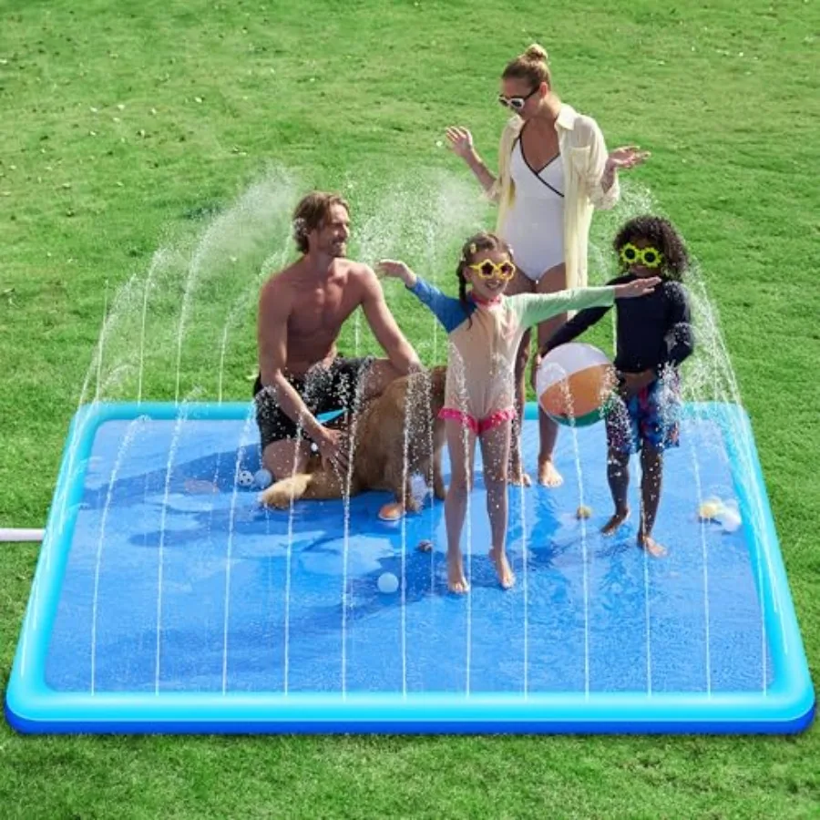 

Outdoor backyard splash pad sprinkler for kids, toddlers, dogs: 120-inch non-slip PVC mat in blue with UV-resistant material an