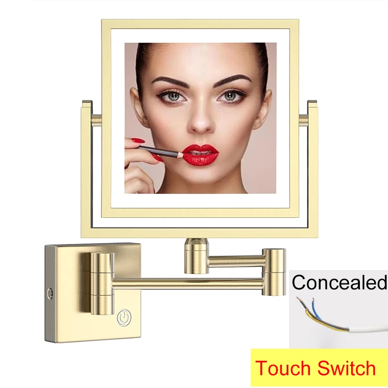 Square Touch Led opvouwbare badkamerspiegel 3x vergrotende badkamer make-upspiegels Accessoires Wandmontage Touch on badspiegels