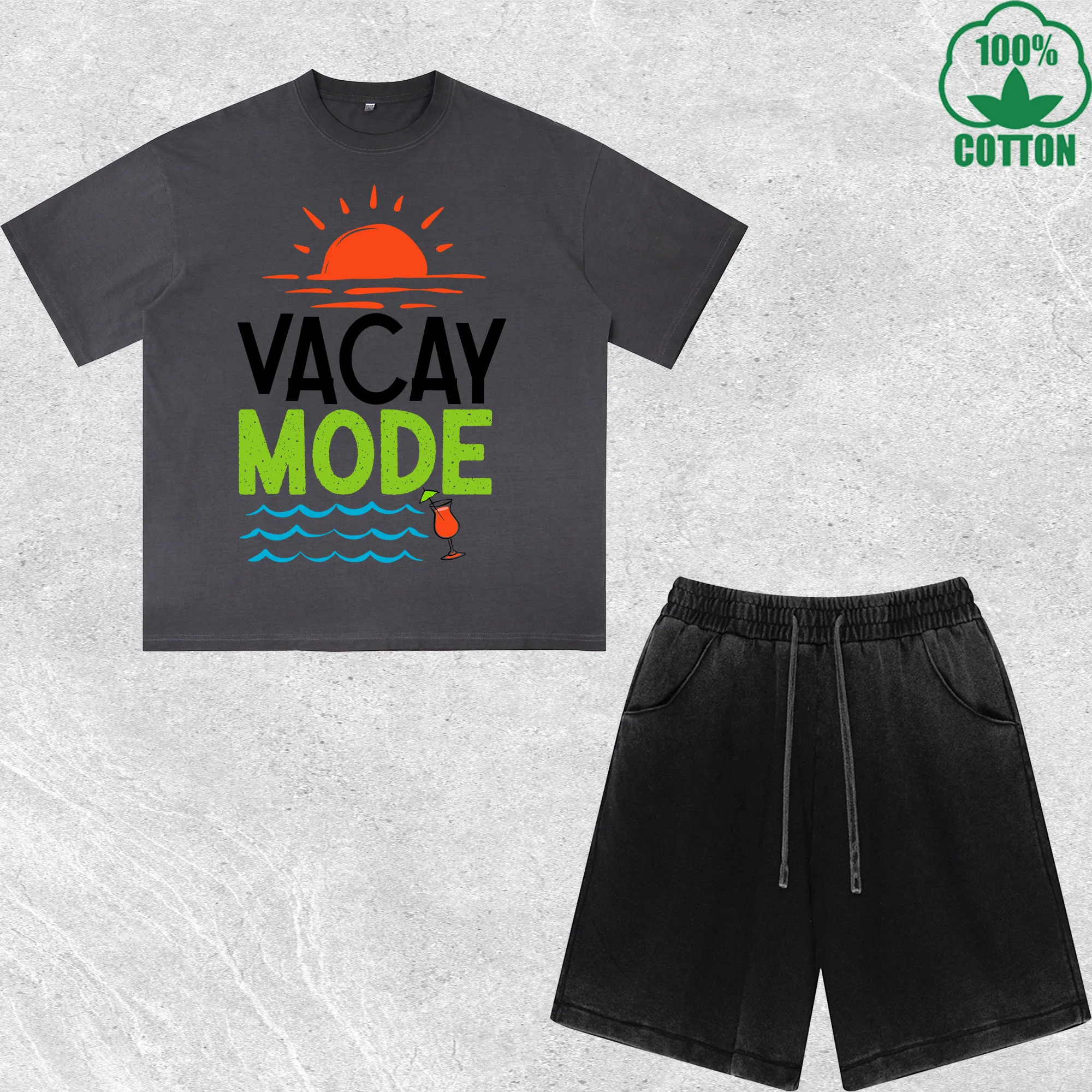 

Vacay Mode Printed Dirty Wash T-Shirt Shorts Set Combo Loose Trendy Fashionable 100%Cotton Black Suit