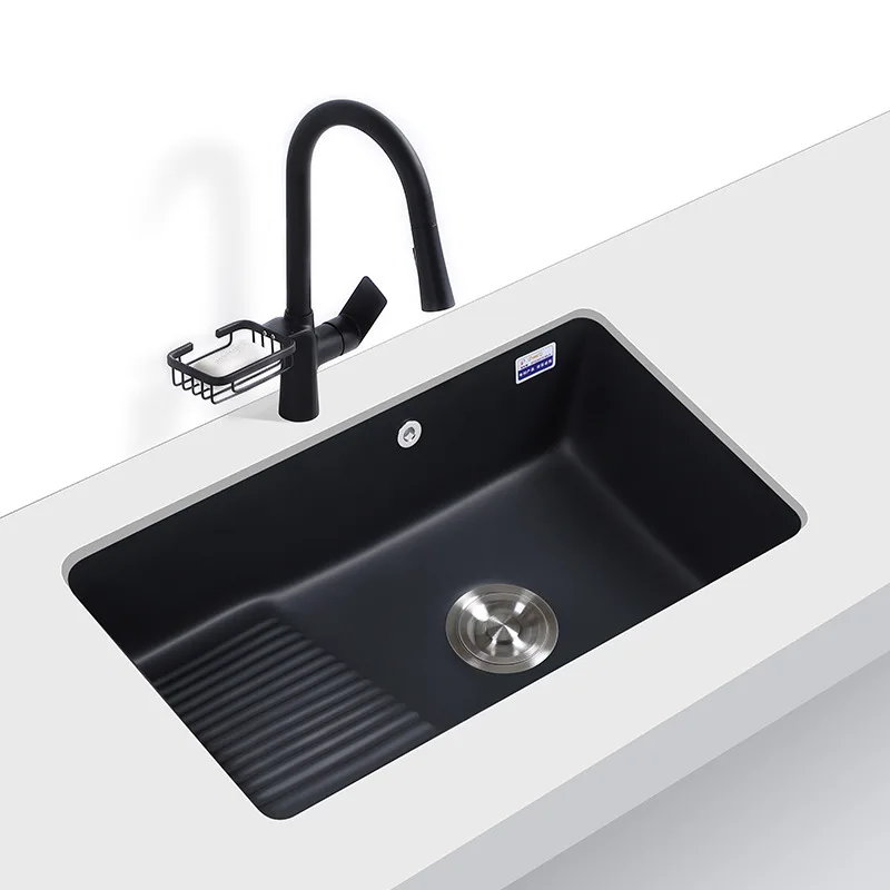 Balcony Laundry Basin with Washboard Embedded Drop-in Sink Deepening Sink Ceramic Basin Laundry Tub Black