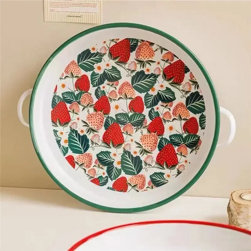 

Thickened Enamel Double-ear Disc Enamel Nordic Large Fruit Bowl Tray Fruit Plate Can Be Heated Baking Tray with Side Dishes ins