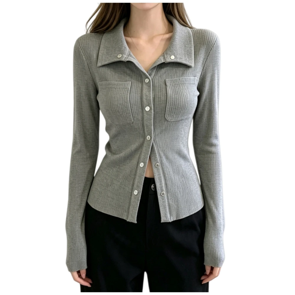 women's-minimalist-long-sleeve-cardigan-lapel-collar-button-front-for-soft-polyester-knit-top-for-daily-layering-use