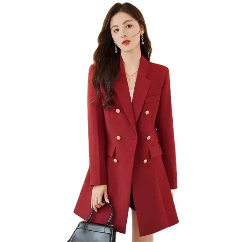 Autumn Winter Mid-Long Suits Jacket Women 2024New Suit Collar Coat Fashion Double-Breasted Outerwear Loose Elegant Blazer Female