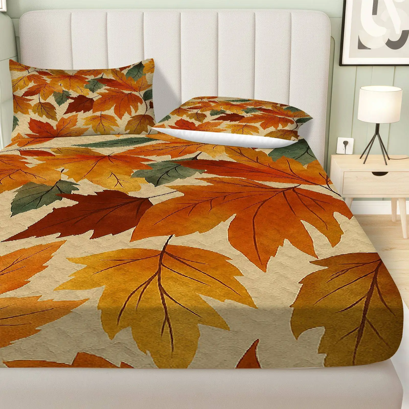 3-Piece Autumn Leaf Natural Style Fitted Sheet Set, Thanksgiving Themed Three-Piece Bedding Set (Includes 1 Fitted Sheet + 2 Pillowcases), Large Deep Pocket 2D Printed Fitted Sheet and 2 Pillowcases, Fitted Elastic Sheet, Mattress Protector, Fitted Sheet Style, Suitable for All Seasons, Machine Washable Design, Holiday Decoration, Various Sizes, Breathable Protector with Pillowcase