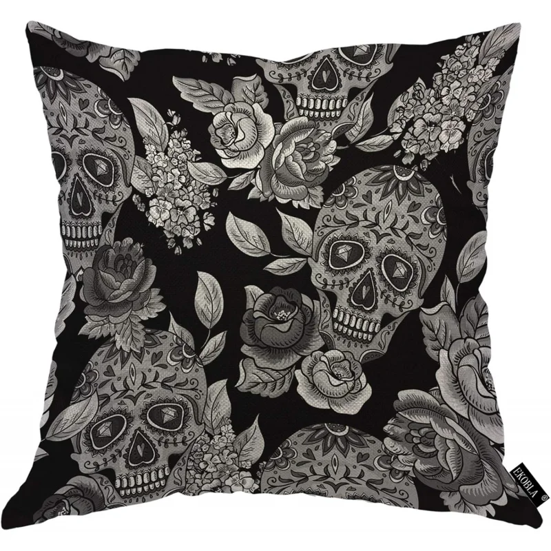 Skull Pillowcase Sketch Flower Pattern Halloween Eye Diamond Comfortable Square Single Cushion Cover 18x18 inches Black