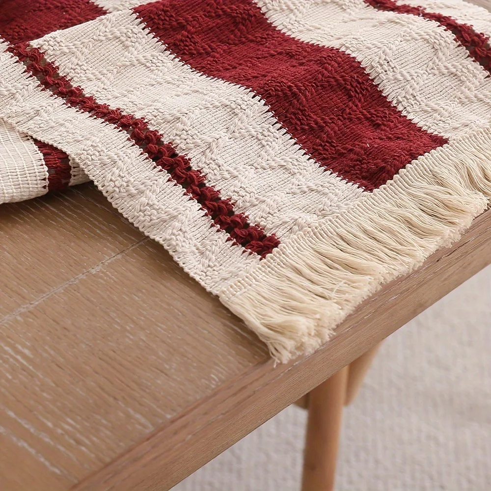 Red Stripes Bohemian-Style Table Runner Weaving Design Rectangular Dinning Table Cover With Tassel Non-slip Tablecloth Wedding