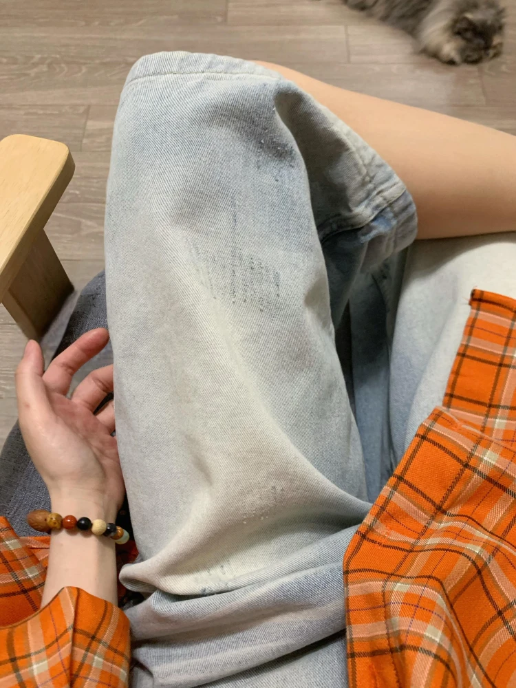 กางเกงยีนส์ทรงขากว้างเอวสูงสไตล์เรโทรอเมริกันสำหรับผู้หญิง ฤดูร้อน ความยาวเจ็ดส่วนห้า ความยาวหกส่วนห้า ทรงหลวมสบาย สีน้ำเงิน