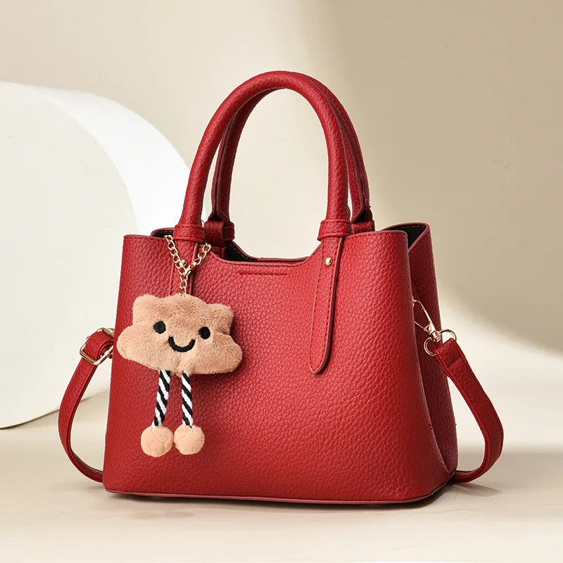 9.6 inch (24cm) women's commuter small square bag, PU leather material, lychee pattern, simple shoulder - handbag, cartoon charm