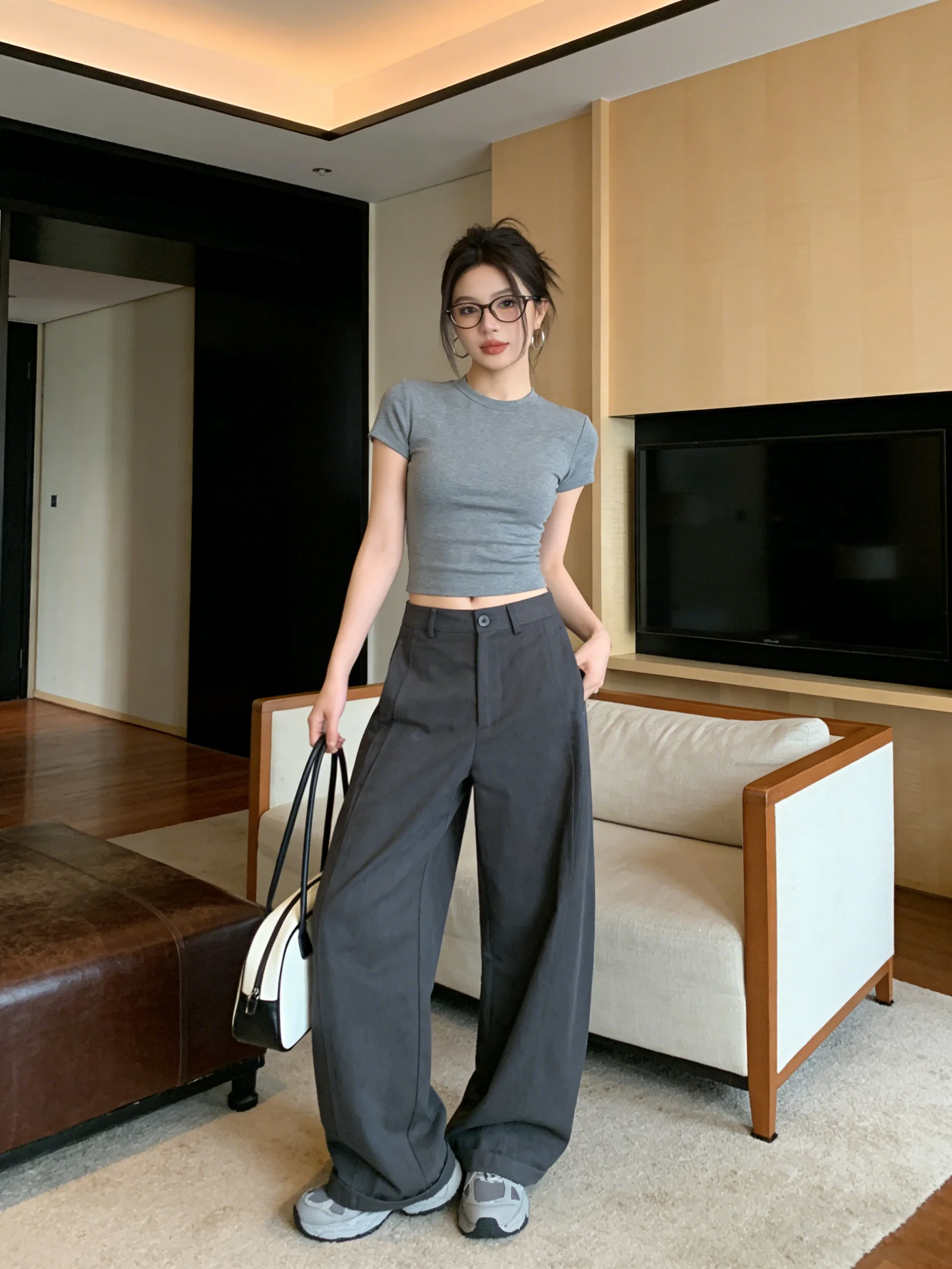 

Ретро-корейские широкие брюки с высокой талией и отворотами для женщин, джинсы из денима для повседневной носки, весна-лето-осень