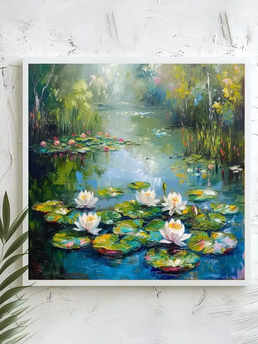 1 Stück 40x40 cm/15,74 Zoll, 11Ct/14Ct Kreuzstich-Set, DIY Valentinstagsgeschenk, Stickerei-Set für Festlichkeiten, Wasserlilien-Teichlandschaft – Detail 1