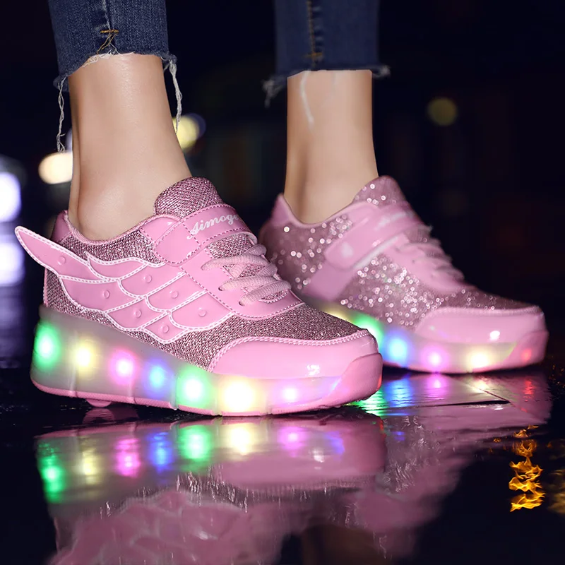 New Style Pink USB Charging Shoe Fashion Girls Boys Women LED Light Roller Skate Shoes Children Kids Sneakers With Wings Wheels