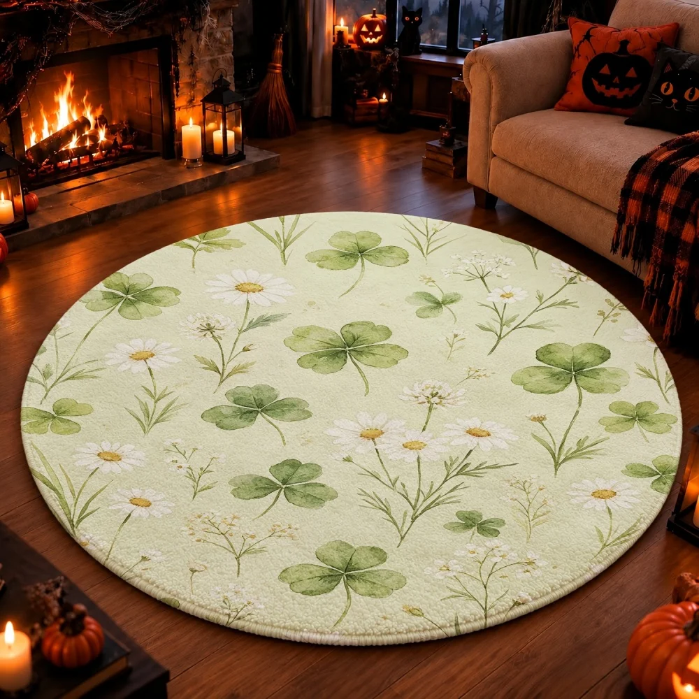 Round Rug Golden Leaf Pattern Carpet Nordic Area Rug for Living Room Bedroom Elegant Gold Branches Soft Floor Mat Home Decor