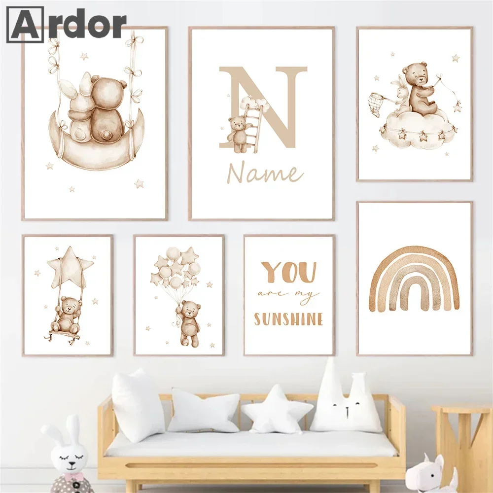 Benutzerdefinierte Name Kindergarten Poster Bär Heißluftballon Wand Kunstdrucke Boho Regenbogen Sonne Leinwand Malerei Bilder Baby Kinderzimmer Liebe
