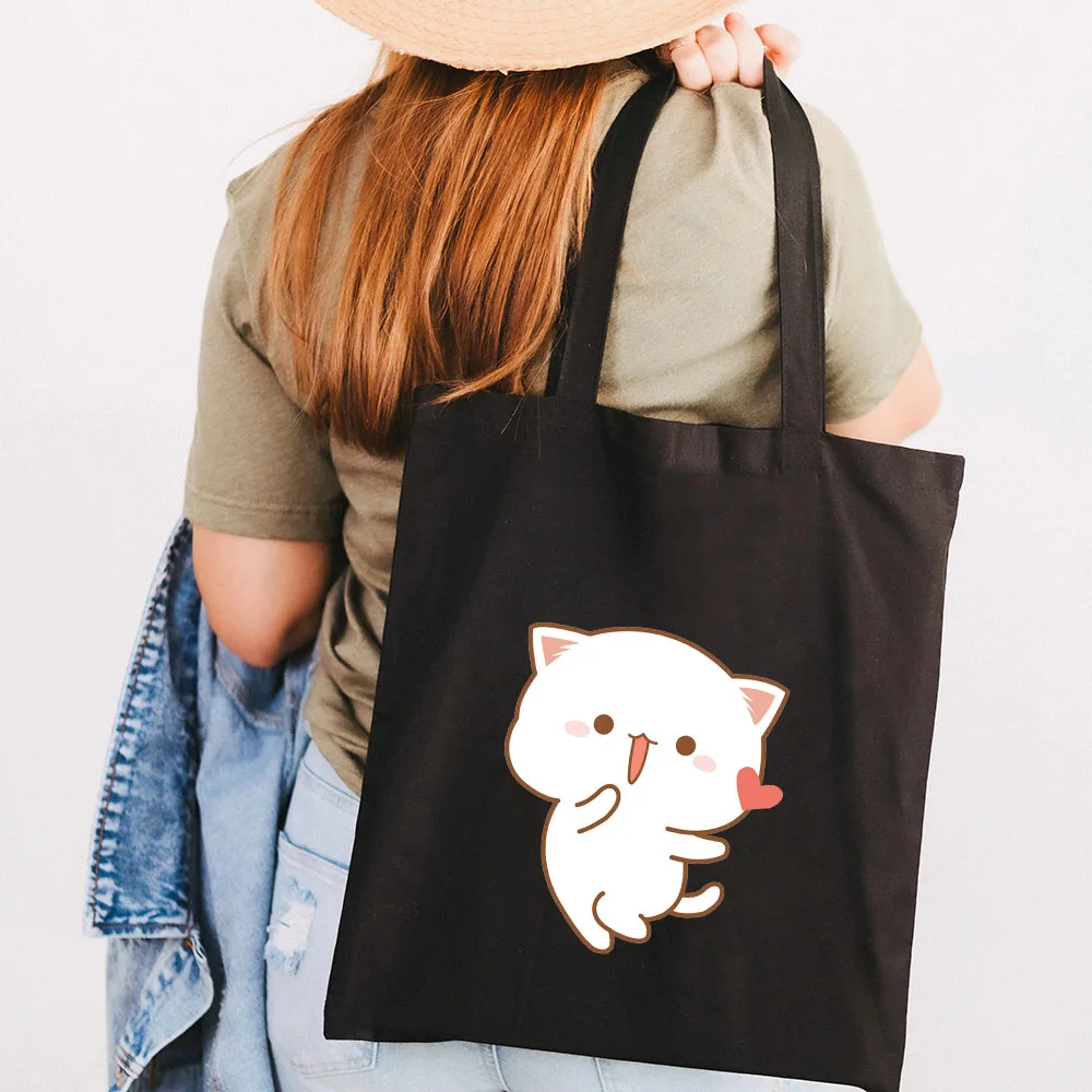 Bonito dos desenhos animados coelho urso bonito animal coração mulher lona sacos de ombro harajuku bolsas totes eco shopper algodão sacos de compras