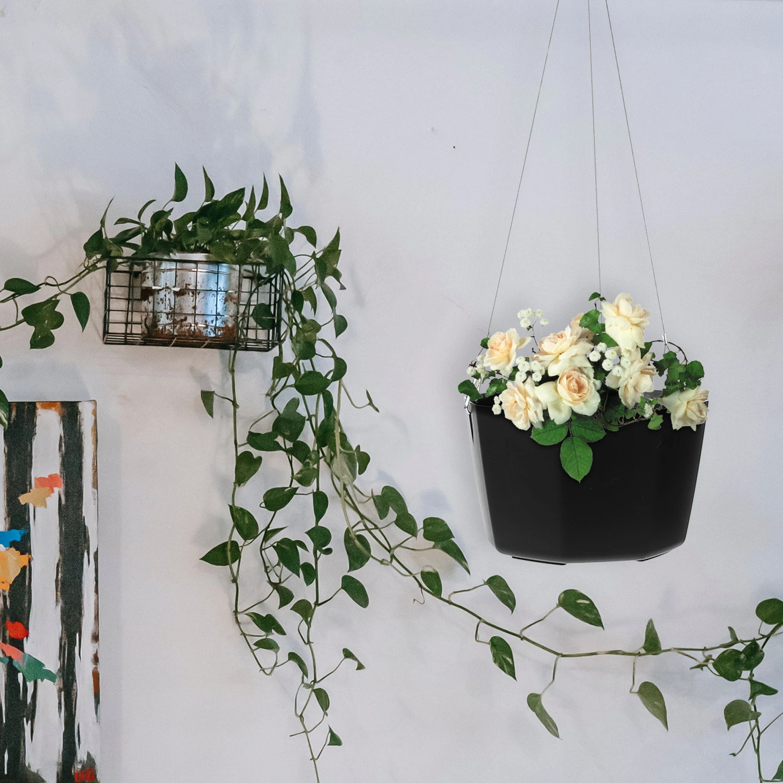 

2Pcs Black Plastic Hanging Pots with Steel Chains for Plants Flowerpot Garden Balcony Terrace Decor