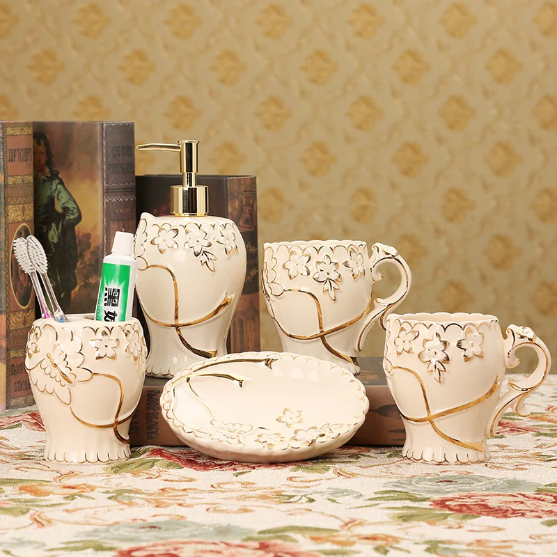European Ceramic Bathroom 6-Piece Set, Luxury Toothbrush Holder Rinsing Cup Kit with Tray, Elegant Vanity Organizer for Home