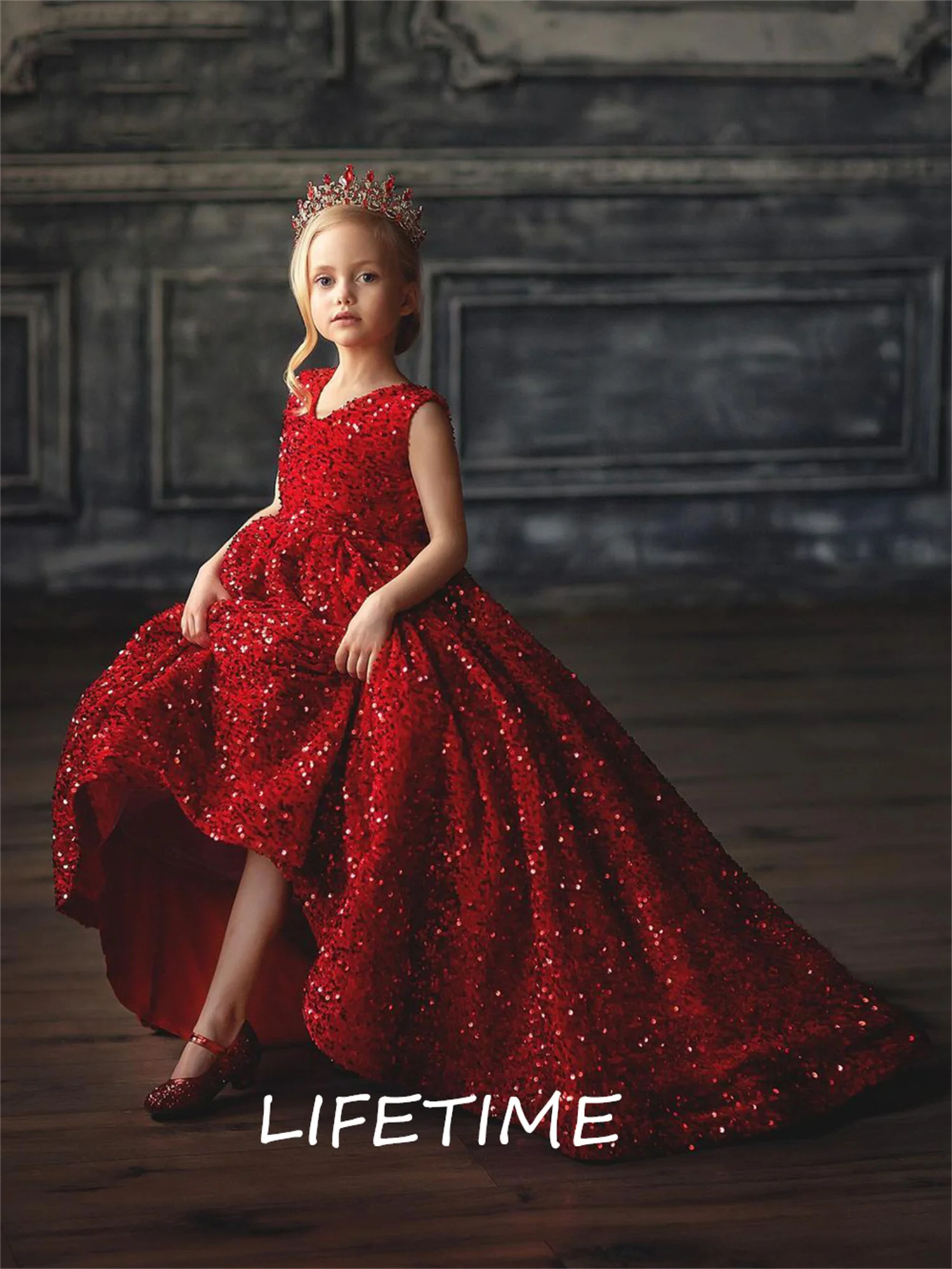 Vestido de princesa vermelho para meninas, vestido longo com flor, lantejoulas, bonito, para festa de aniversário, presente de natal