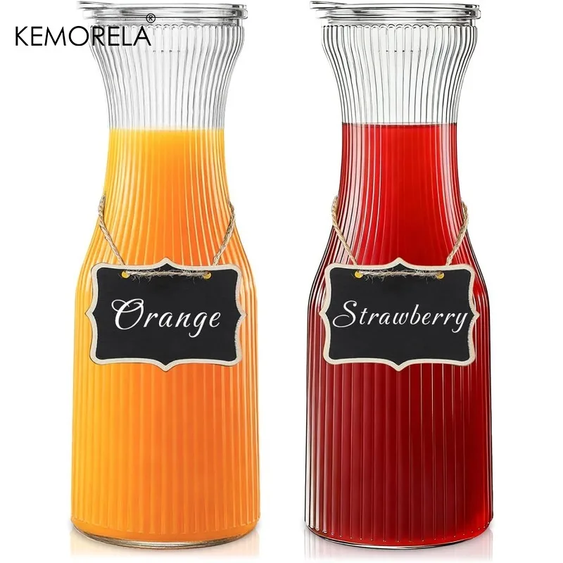 1L Ribbed Glass Carafe with Lid  1/2PCS Juice Carafe for Bar Parties Cold Brew Coffee Milk Iced Tea Lemonade  2 Chalkboard Label