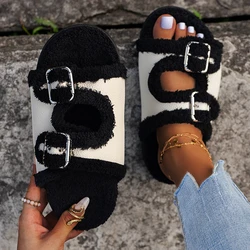 2023 New Platform Women Shoes Double Buckle Fur Slippers Women Plush Winter Indoor Warm Slides Flat Outdoor Flip Flops Female