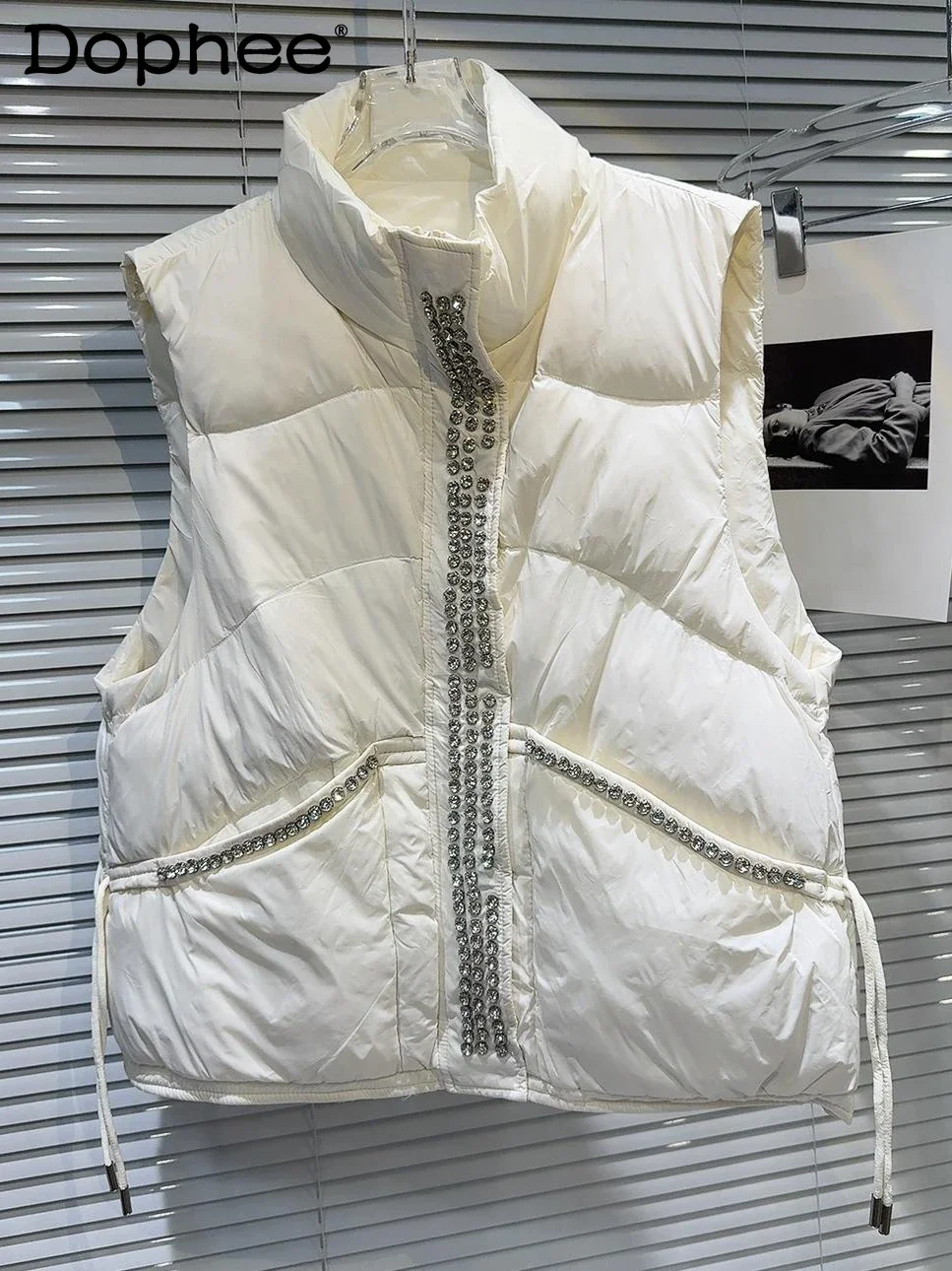 

White Waistcoat Women 2024 Winter New Heavy Industry Rhinestone Bead Design Stand Collar Warm Down Cotton Vest for Women