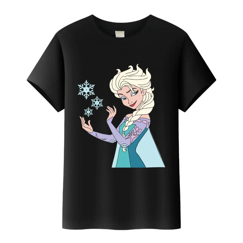 

Disney Frozen Elsa Anna Cartoon Tees Black Loose t-shirt Short Sleeves Blouses Kids Tops Woman O-Neck Tshirt Girls Clothing Gift