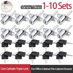 1-10 Stuks Cam Cilinder Drievoudige Slot Kantoor Bestand Bureaukast Lade Voor Slot Meubels Hardware Zinklegering Veiligheidsslot 16Mm/19Mm