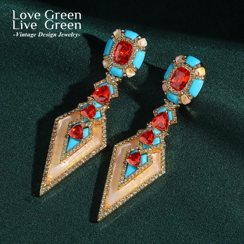 

Vintage Red Zircon Blue Enamel Drop Earrings Rhinestone Triangle Luxury Designer Quality Gifts Christmas Wedding New Trends 2025