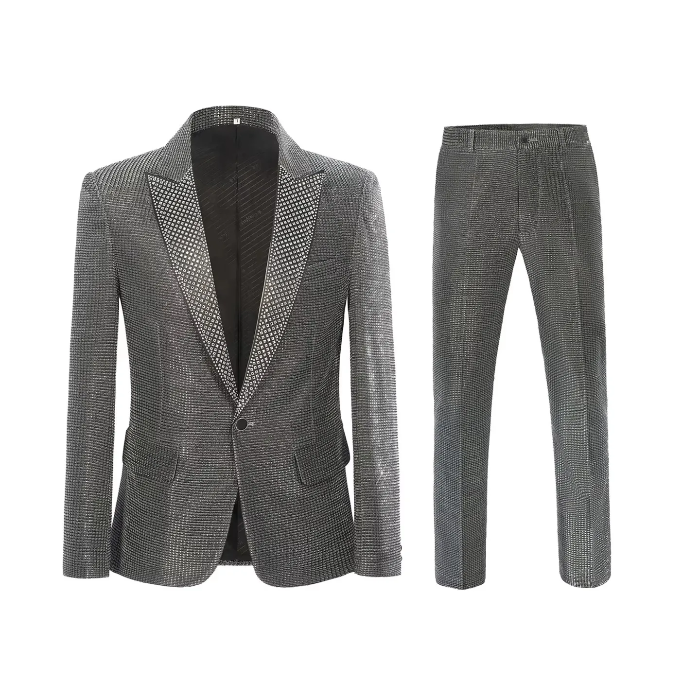 

Red Rhinestones Two-Piece Set Men's Fshion Slim Groom Wedding Suit Stylish Blazers And Pants Combo Stage Performers Wear