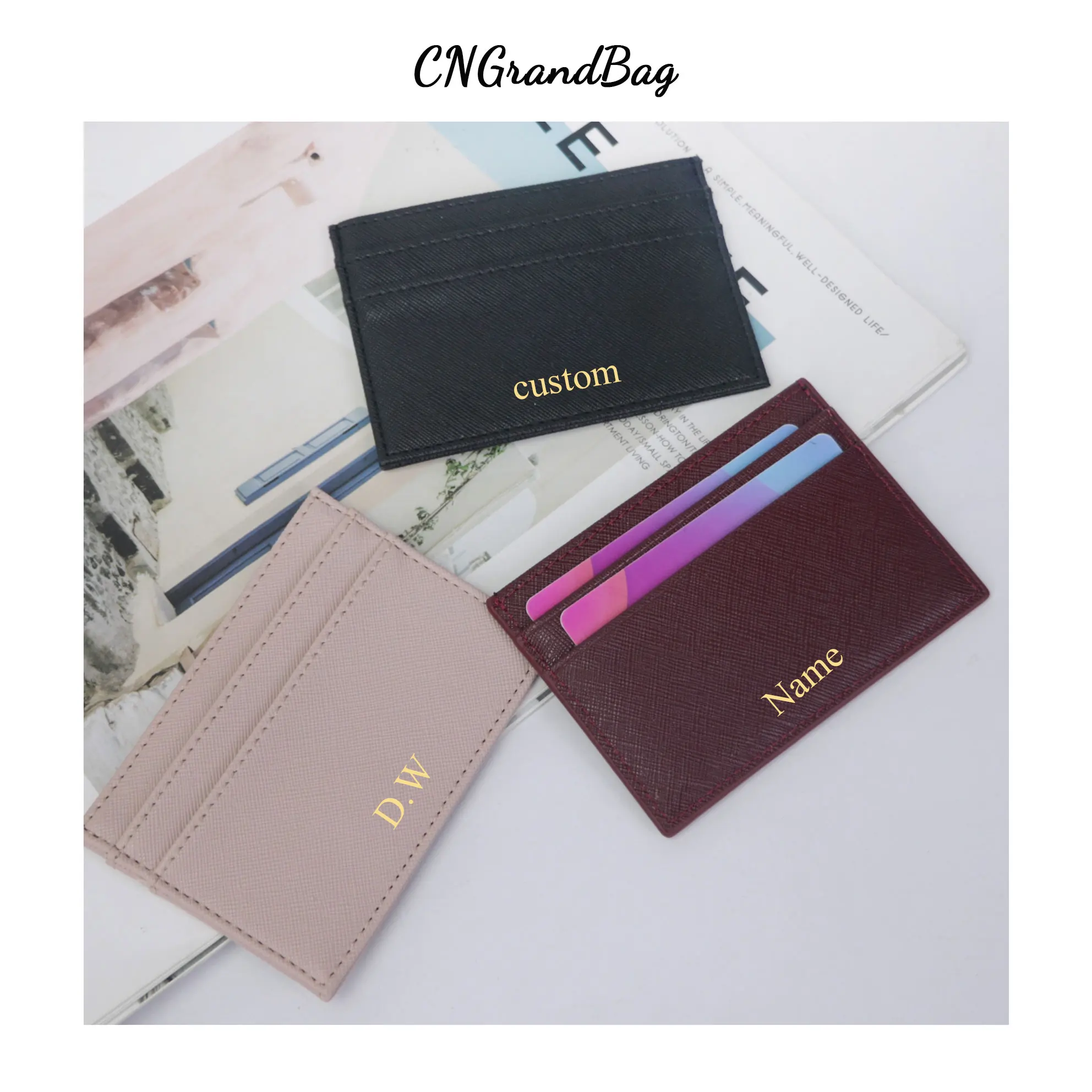 Classic Business Saffiano Split PU Leather Credit Card Holder Limited Edition Customed Initial letters ID Card Case Card Wallet