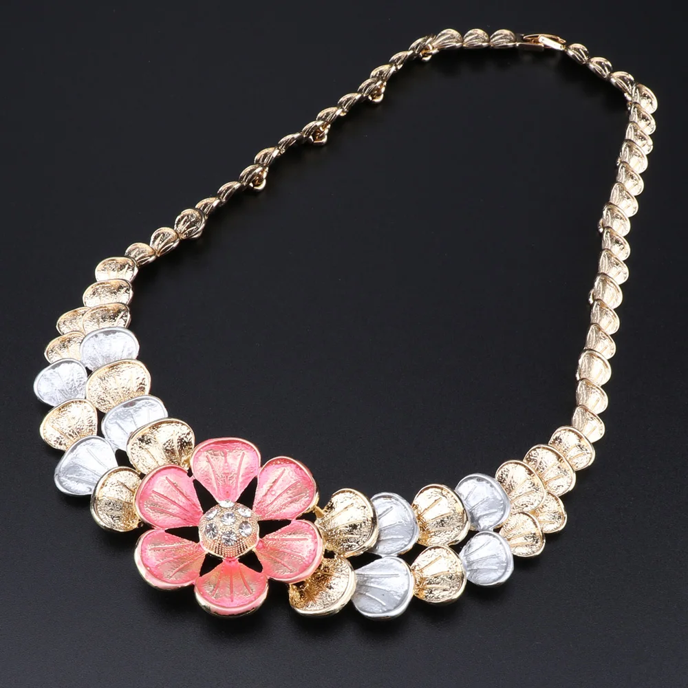 Fashion Jewelry Sets Nigeria Dubai Gold Color Necklace Earring Set for Women Africa Bead Bridal Flower Jewelry Set Wedding Gifts