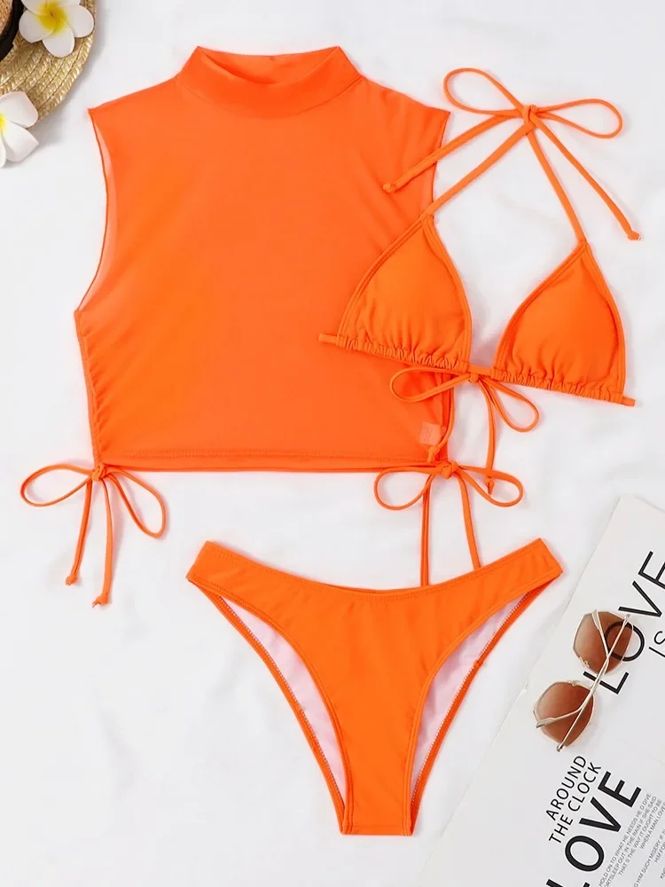 เซ็กซี่สีขาวสีดําลูกไม้ตาข่ายชุดบิกินี่สามชิ้นผู้หญิงชุดว่ายน้ําคอสูงชุดว่ายน้ําชุดว่ายน้ํา High Cut