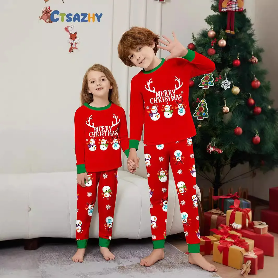 Stylish family outfit matching Christmas Snowman antler print red family outfit