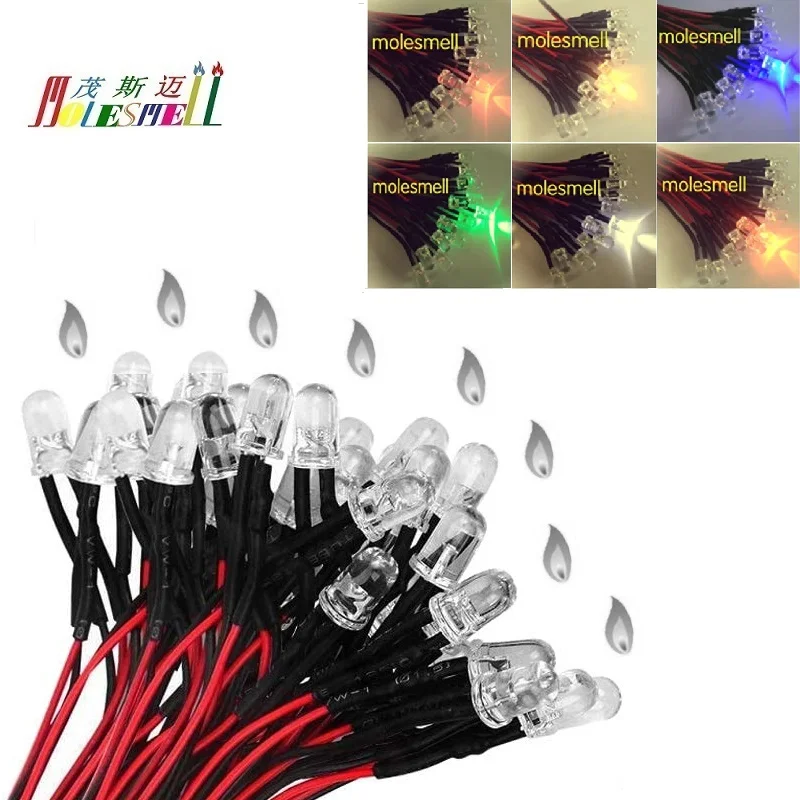 100pcs 5mm Flickering 9V 12V DC Pre-Wired Water Clear Candle Leds Red Yellow Blue Green White Orange Flicker Light Lamp Bulb