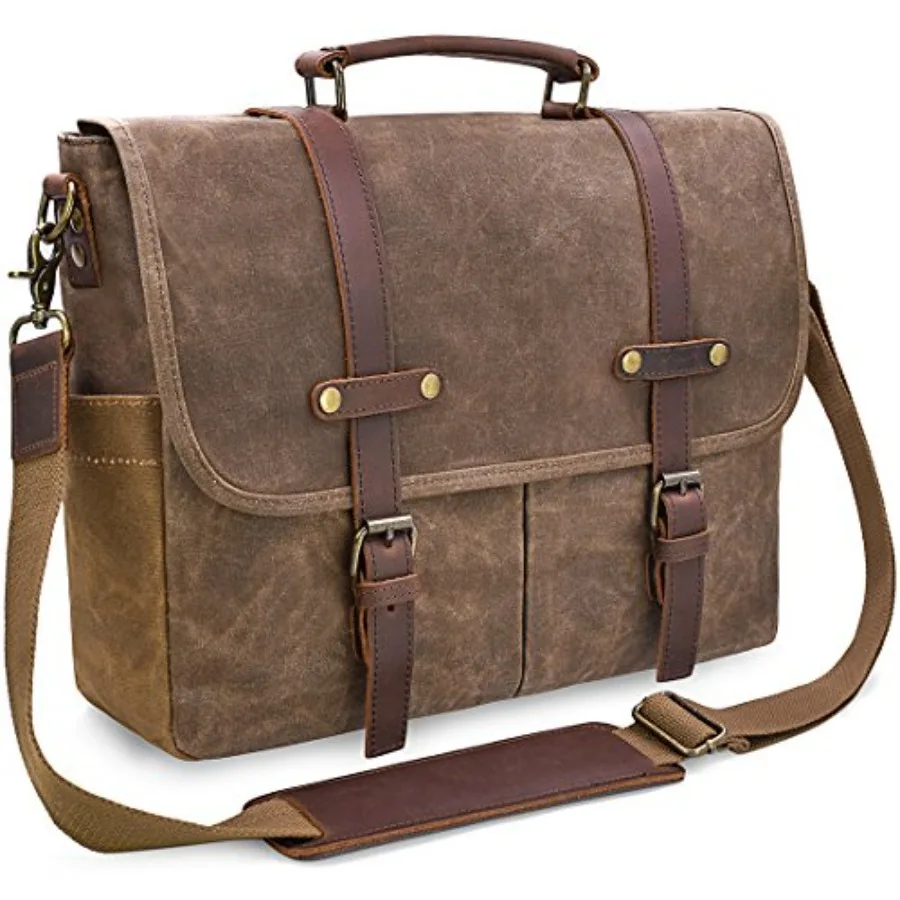 

Mens Messenger Bag 15.6 Inch Waterproof Vintage Genuine Leather Waxed Canvas Briefcase Large Leather Computer Laptop Bag Rugged