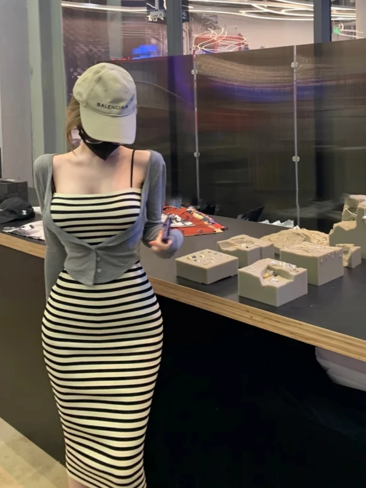 SexyBodyconDress dla kobiet Summer Slim Fit Waist-to-Hip Ratio Sleeveless Striped Long Dress Tight Bodycon Pencil Dress Night Out