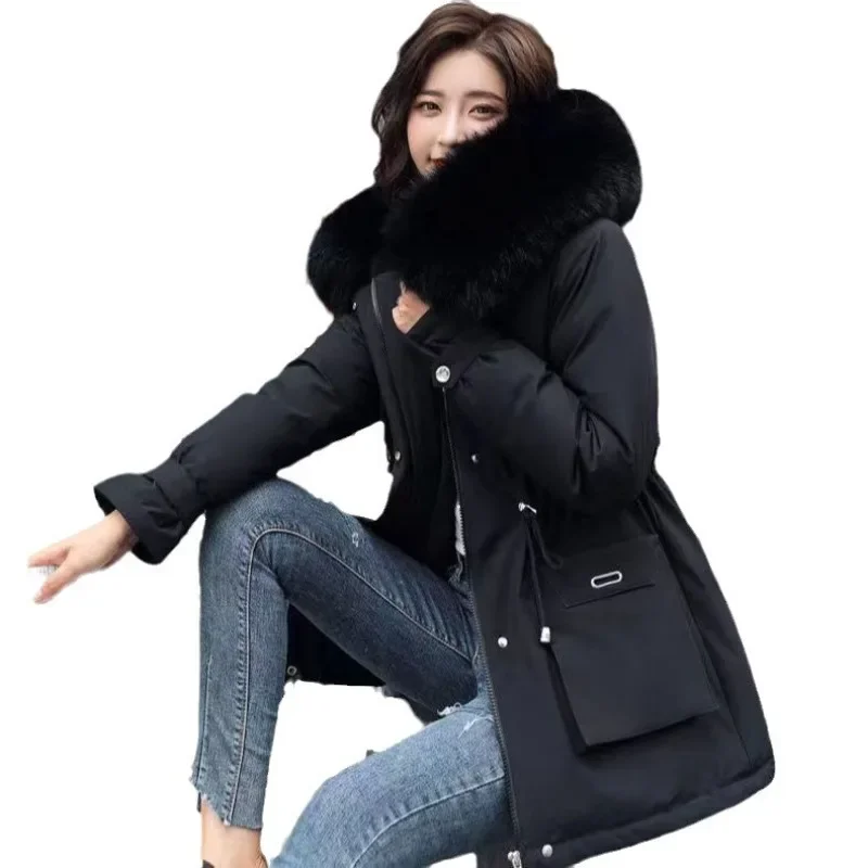 Manteau Parka en Coton pour Femme, Style Simple, Grand Col en Fourrure, Veste Courte Épaissie, Vêtements d'Hiver Noirs