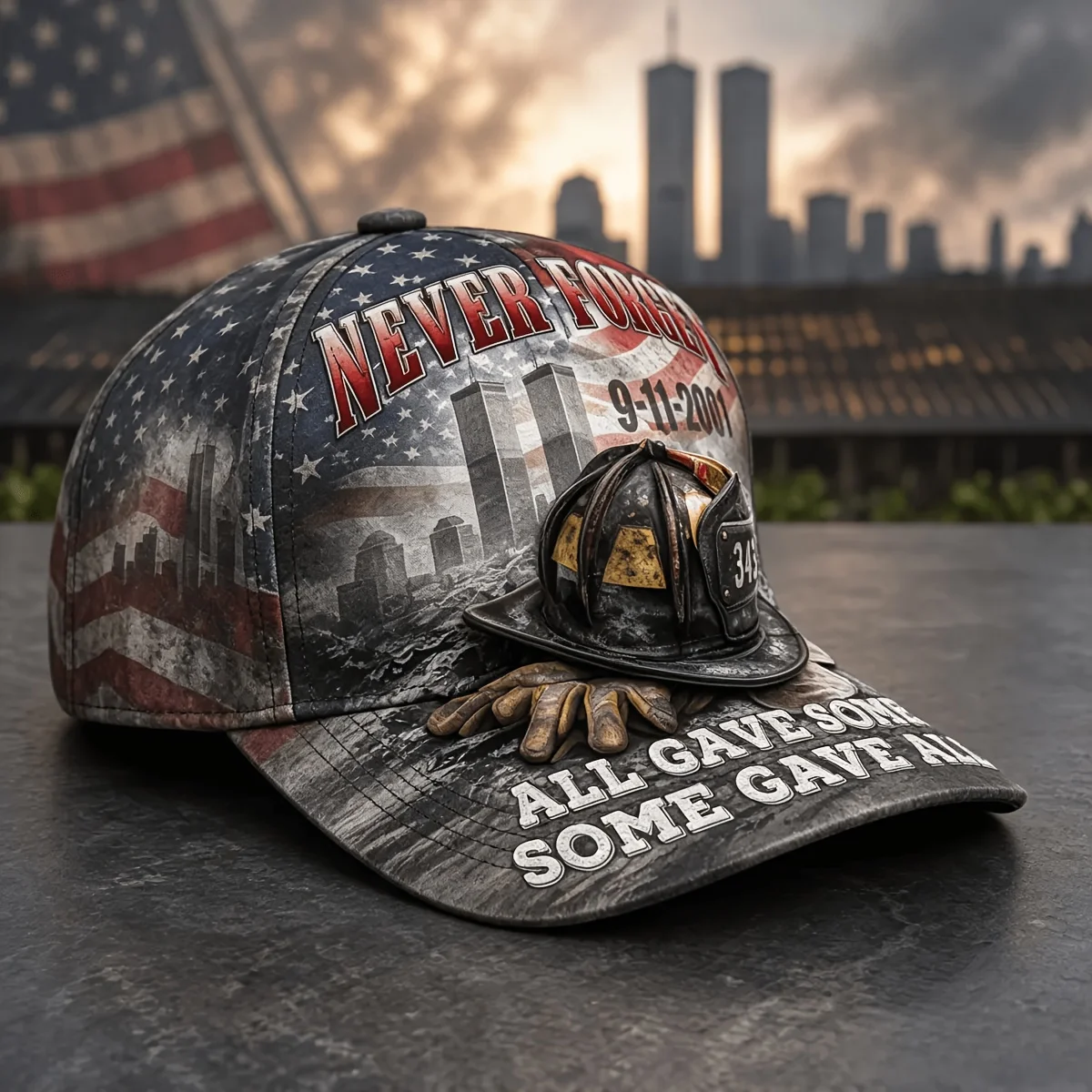 Custom Never Forget 911 Adjustable Baseball Cap Full-Print Firefighter Tribute Commemorative Gift Collectible Honor Souvenir