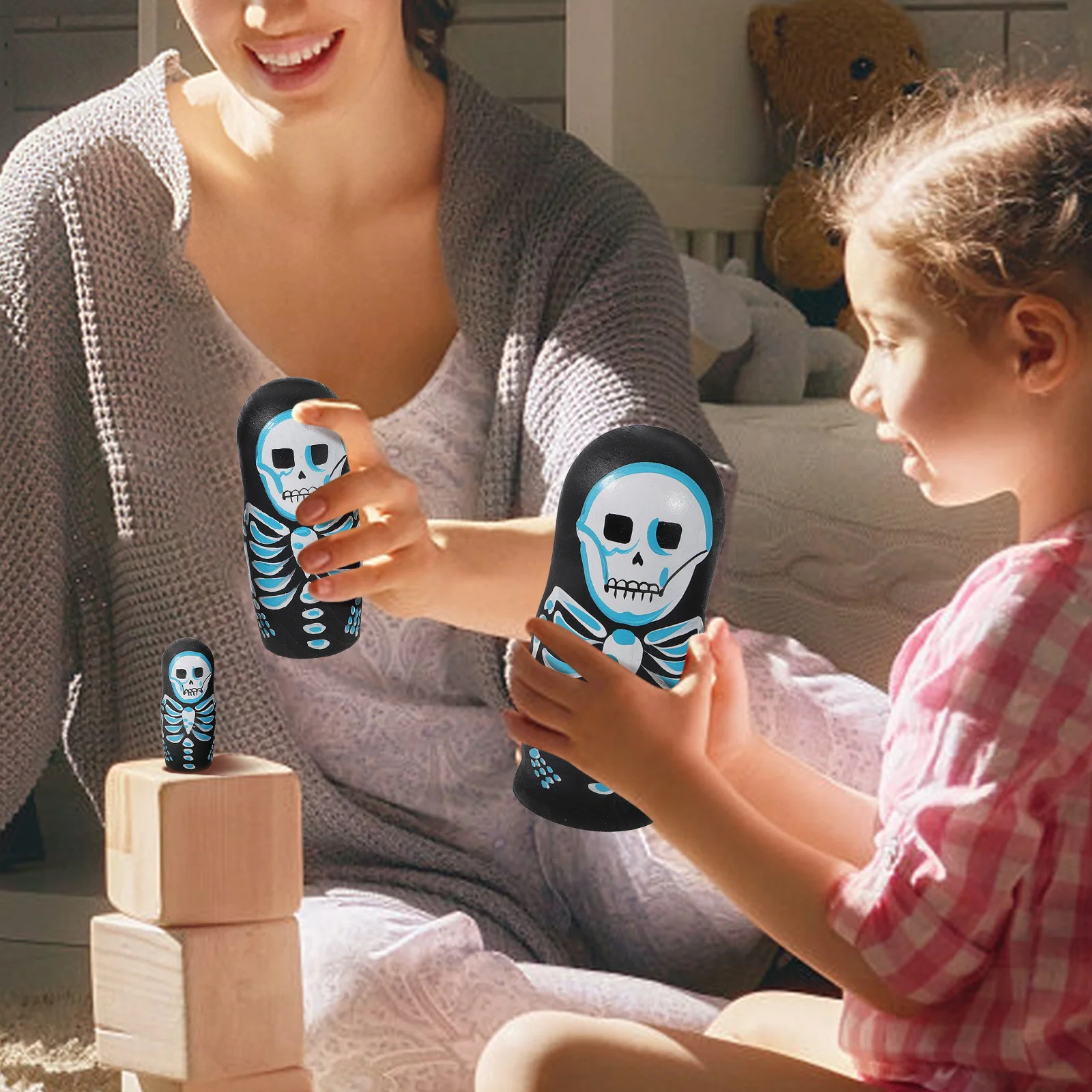 

5Pcs Russian Skull Nesting Wooden Stacking Decor Storage Organizer Jewelry Candy Container Collection