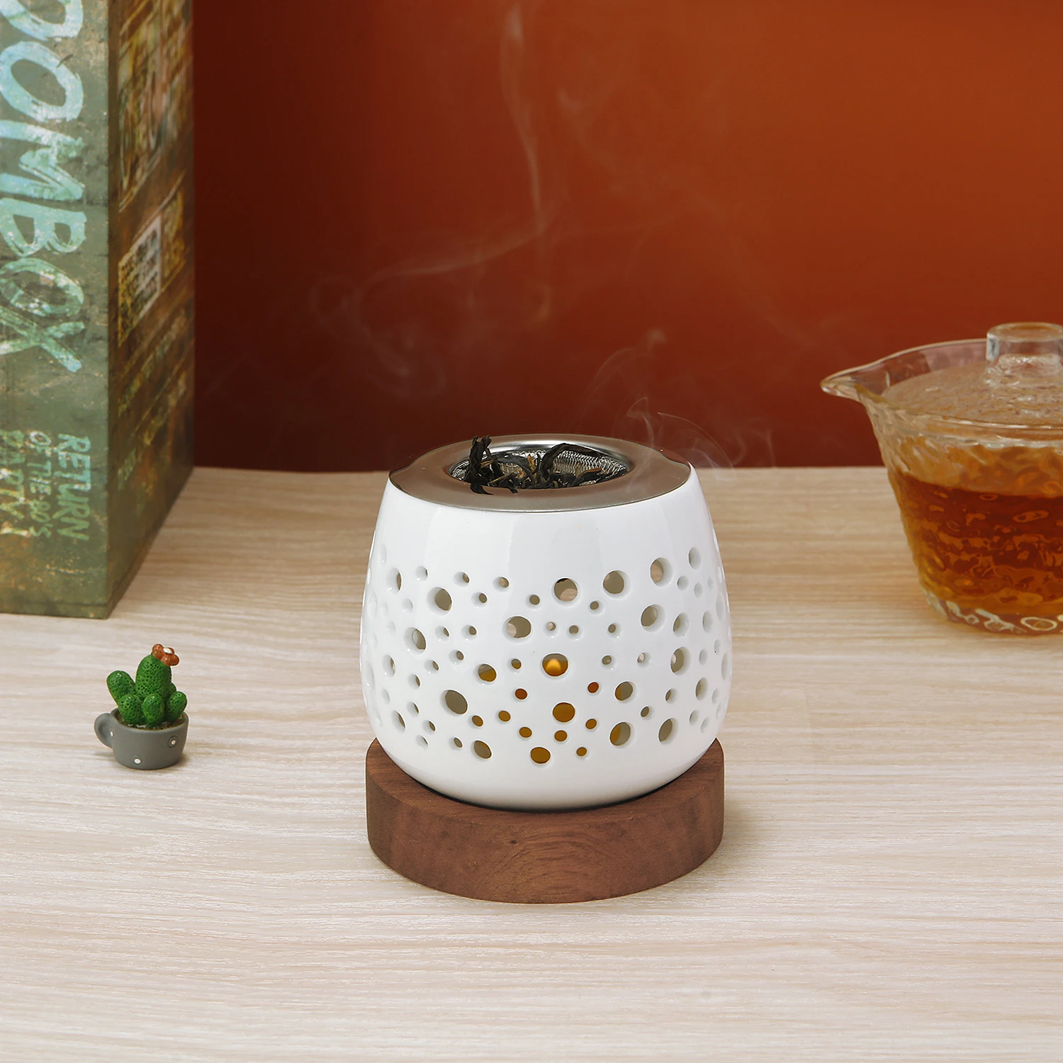 Keramik-Kerzenhalter, Aromatherapie-Heizhalter für Kräuter, Aromatherapie-Räuchergefäß mit Holzsockel für Yoga SPA – Detail 3