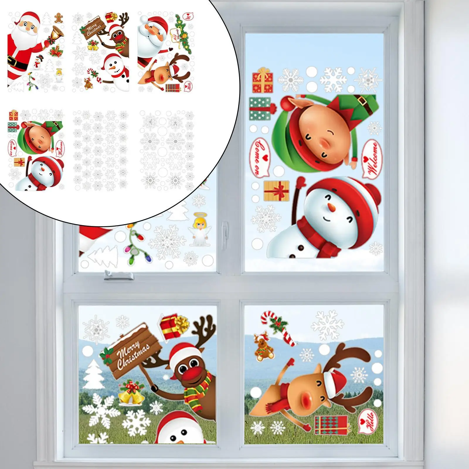 6 Sheets Christmas Window Stickers Christmas Decorations,Santa Claus Snowman Xmas Decor Static Clings for Winter Home Holiday
