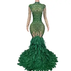 Sexy Sparkly Rhinestones Green Feather Long Train Dress Wedding Birthday Mesh Costume Evening Club Dance Dress Liantiyumao