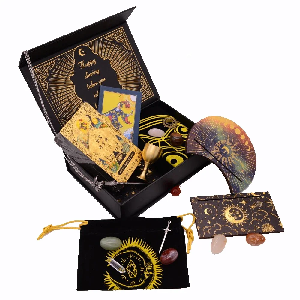 12*7 Luxury Chinese Black Gold Sun Gift Box Set Gold Foil Tarot Brand PVC Waterproof Durable Game Card Crystal Stone Holy Grail